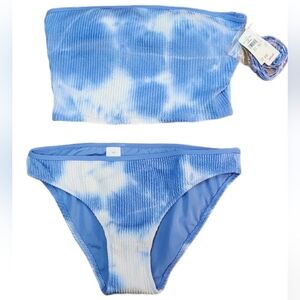 Aerie Textured Ruffle Blue Tie-Dye Halter Bikini With Removable Straps Small